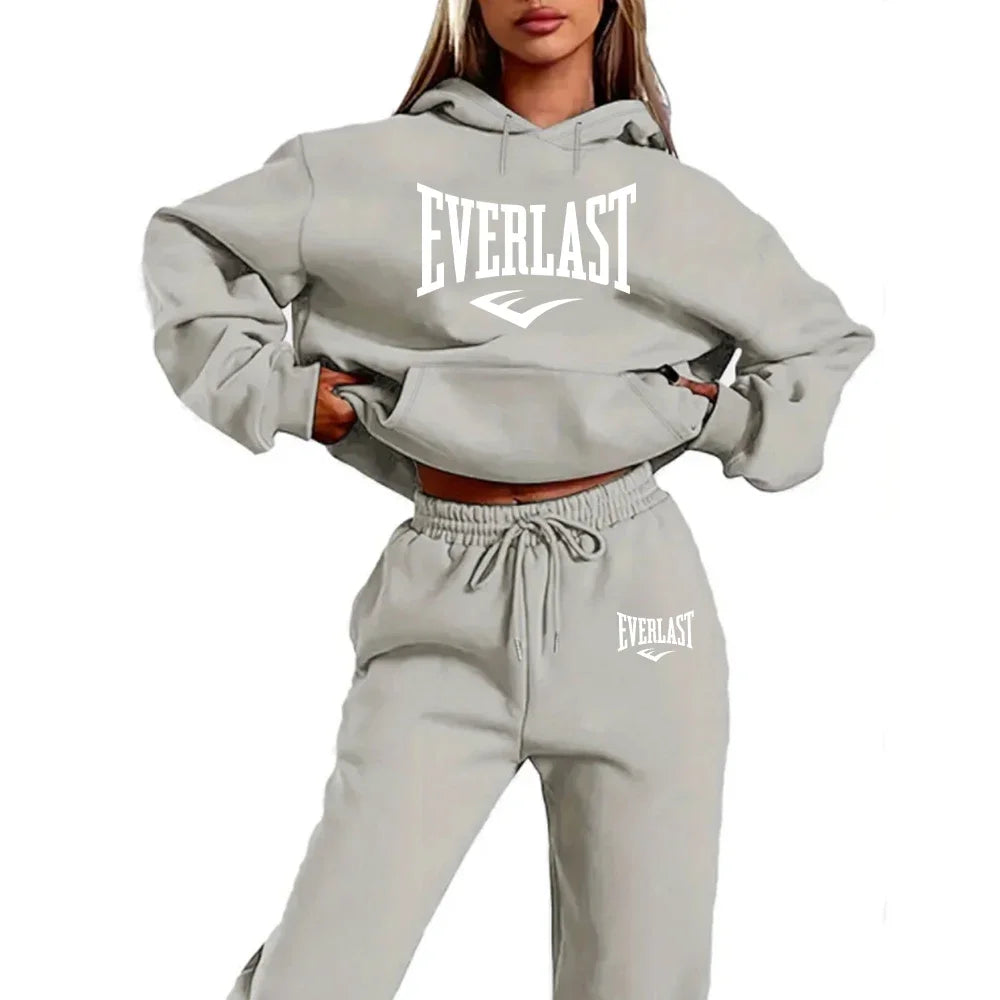 Two-piece tracksuit set with letter print for women, fashionable running sweatshirt, sports hoodie with drawstring, quality fitn