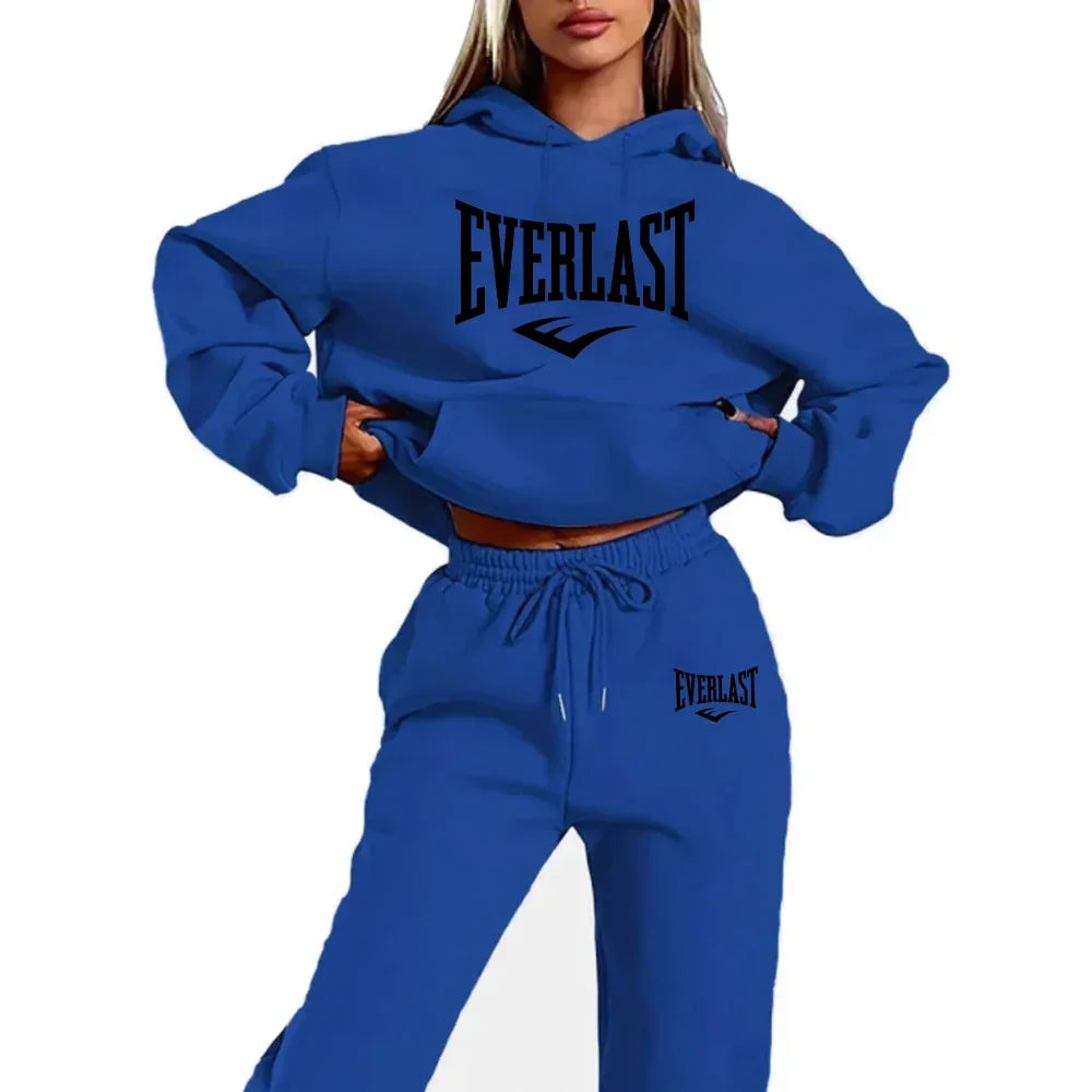Two-piece tracksuit set with letter print for women, fashionable running sweatshirt, sports hoodie with drawstring, quality fitn